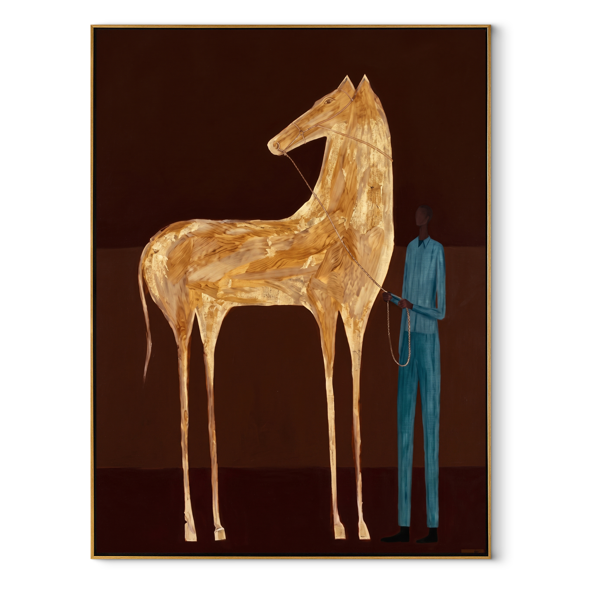 Gold Horse Waits – Golden Horse and Blue Figure painting by Isabelle Laurent, modern Western vertical wall art – wood frame on white background