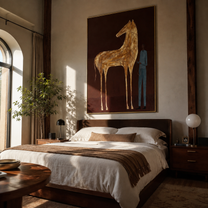 Gold Horse Waits – Golden Horse and Blue Figure painting by Isabelle Laurent, modern Western vertical wall art – styled room scene view 2