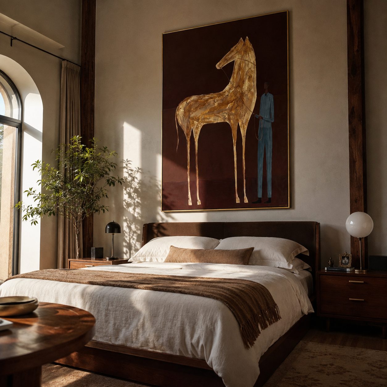 Gold Horse Waits – Golden Horse and Blue Figure painting by Isabelle Laurent, modern Western vertical wall art – styled room scene view 2