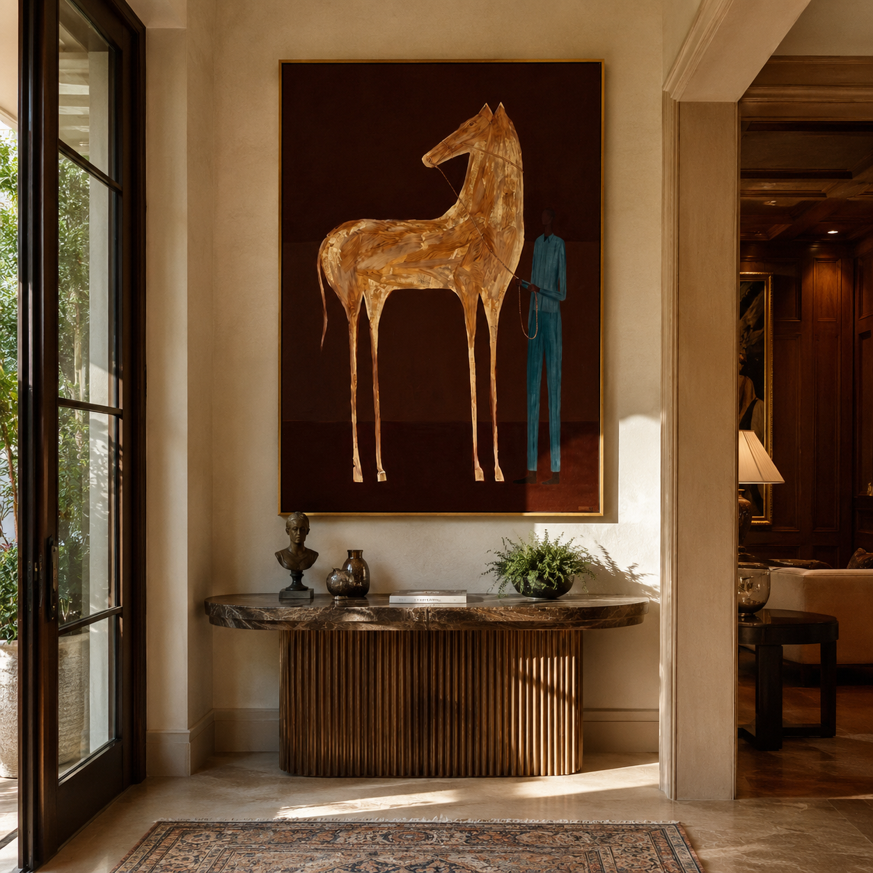 Gold Horse Waits – Golden Horse and Blue Figure painting by Isabelle Laurent, modern Western vertical wall art – styled room scene view 3
