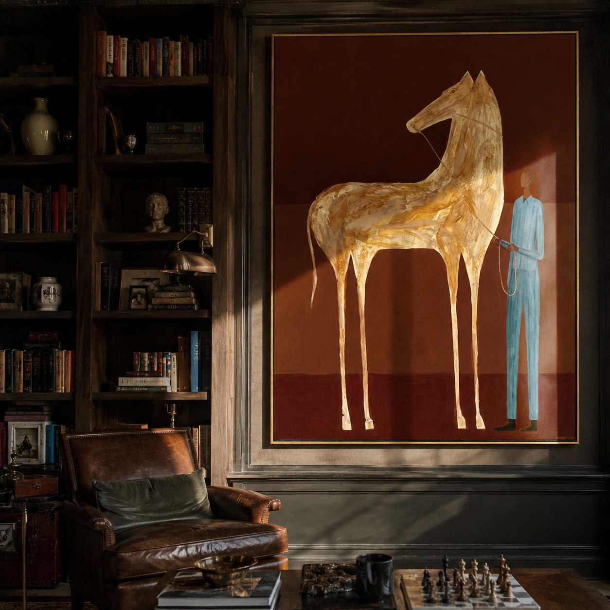 Gold Horse Waits – Golden Horse and Blue Figure painting by Isabelle Laurent, modern Western vertical wall art – styled room scene view 4