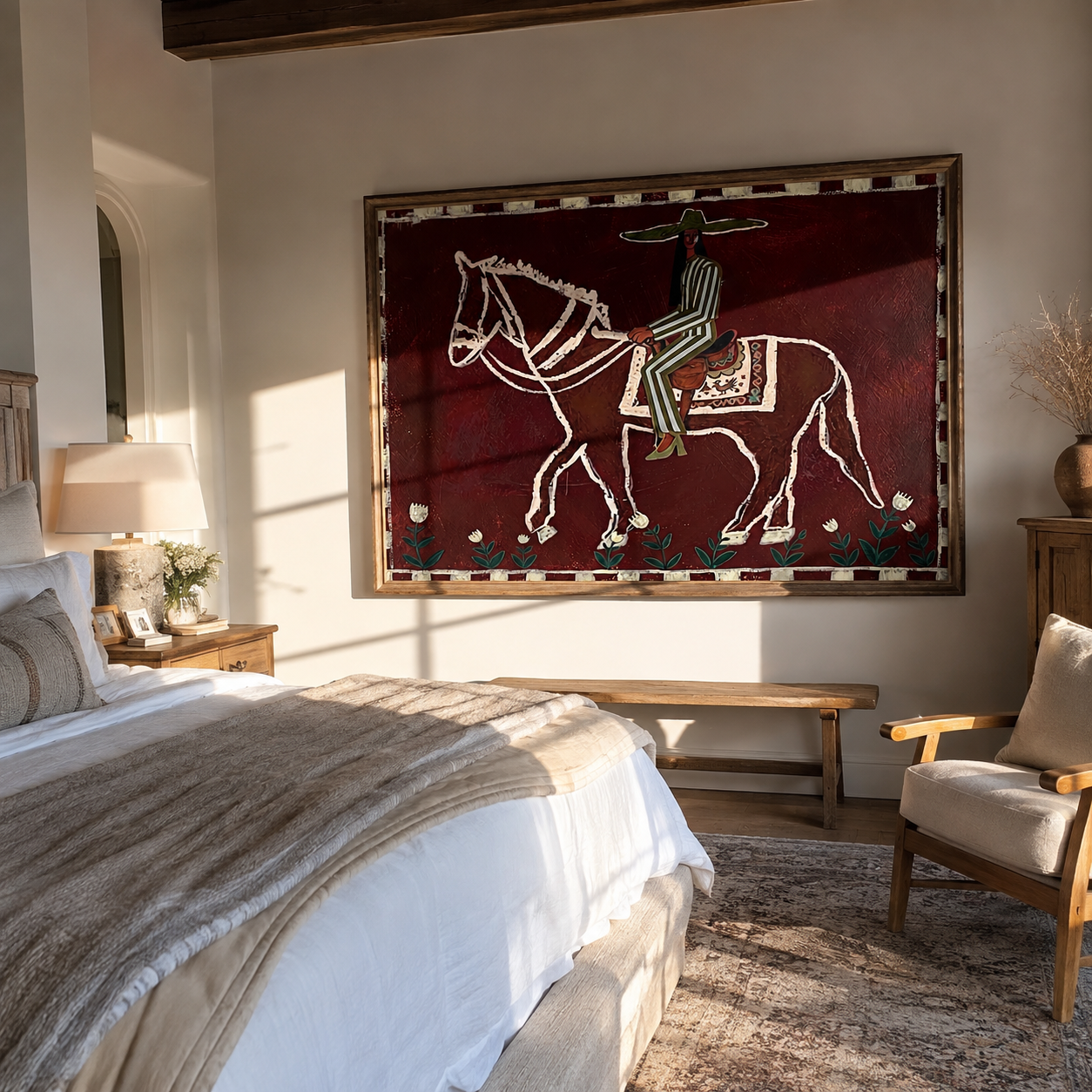 Burgundy Bones Keep Time – Striped Rider on Skeleton Horse painting by Isabelle Laurent, modern Western horizontal wall art – styled room scene view 1