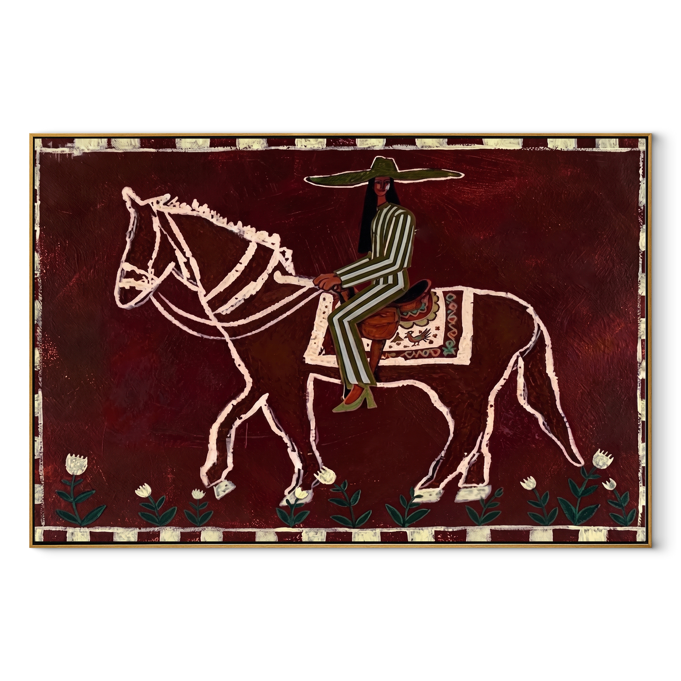 Burgundy Bones Keep Time – Striped Rider on Skeleton Horse painting by Isabelle Laurent, modern Western horizontal wall art – wood frame on white background