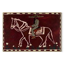 Burgundy Bones Keep Time – Striped Rider on Skeleton Horse painting by Isabelle Laurent, modern Western horizontal wall art – wood frame on white background