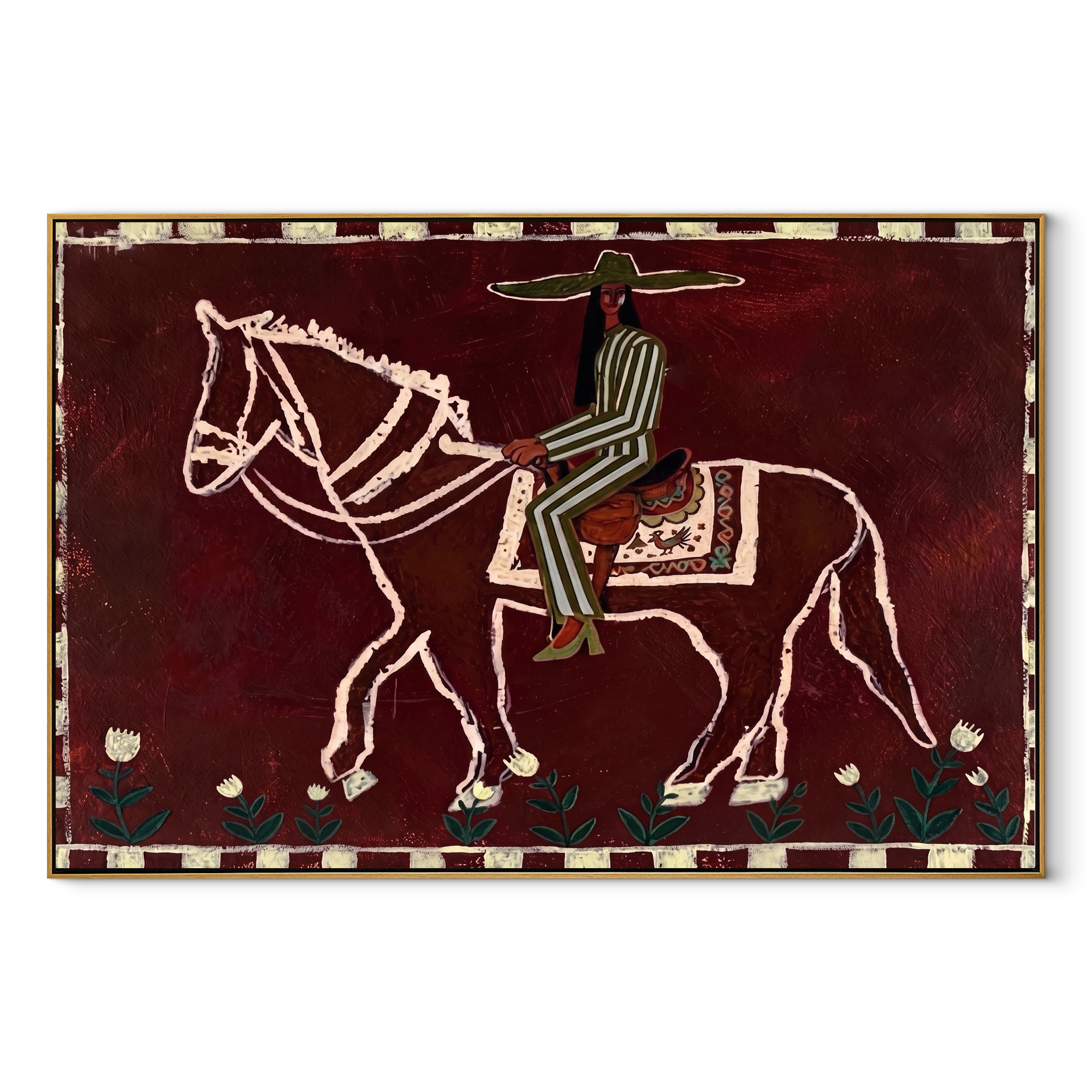 Burgundy Bones Keep Time – Striped Rider on Skeleton Horse painting by Isabelle Laurent, modern Western horizontal wall art – wood frame on white background