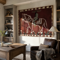 Burgundy Bones Keep Time – Striped Rider on Skeleton Horse painting by Isabelle Laurent, modern Western horizontal wall art – styled room scene view 2