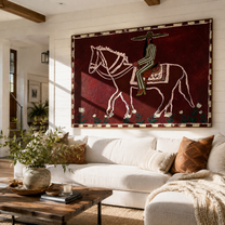 Burgundy Bones Keep Time – Striped Rider on Skeleton Horse painting by Isabelle Laurent, modern Western horizontal wall art – styled room scene view 3