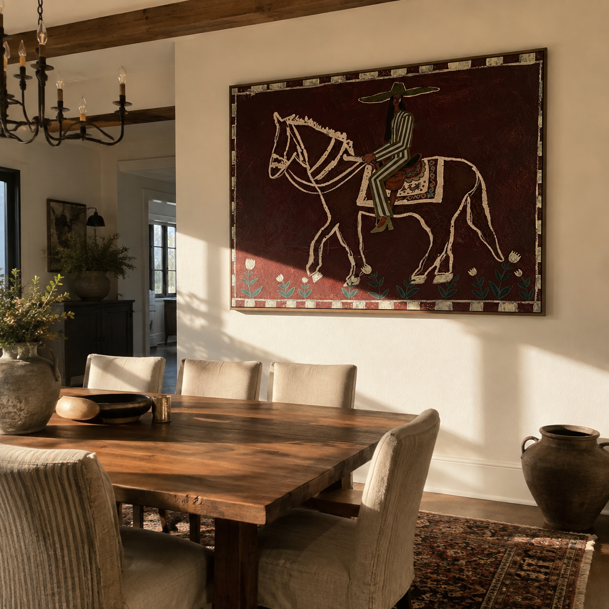 Burgundy Bones Keep Time – Striped Rider on Skeleton Horse painting by Isabelle Laurent, modern Western horizontal wall art – styled room scene view 4