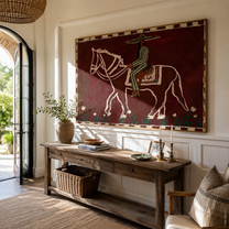 Burgundy Bones Keep Time – Striped Rider on Skeleton Horse painting by Isabelle Laurent, modern Western horizontal wall art – styled room scene view 5