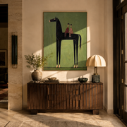 Two Riders Share Silence - black horse and pair painting by Isabelle Laurent, modern Western vertical wall art – styled room scene view 1