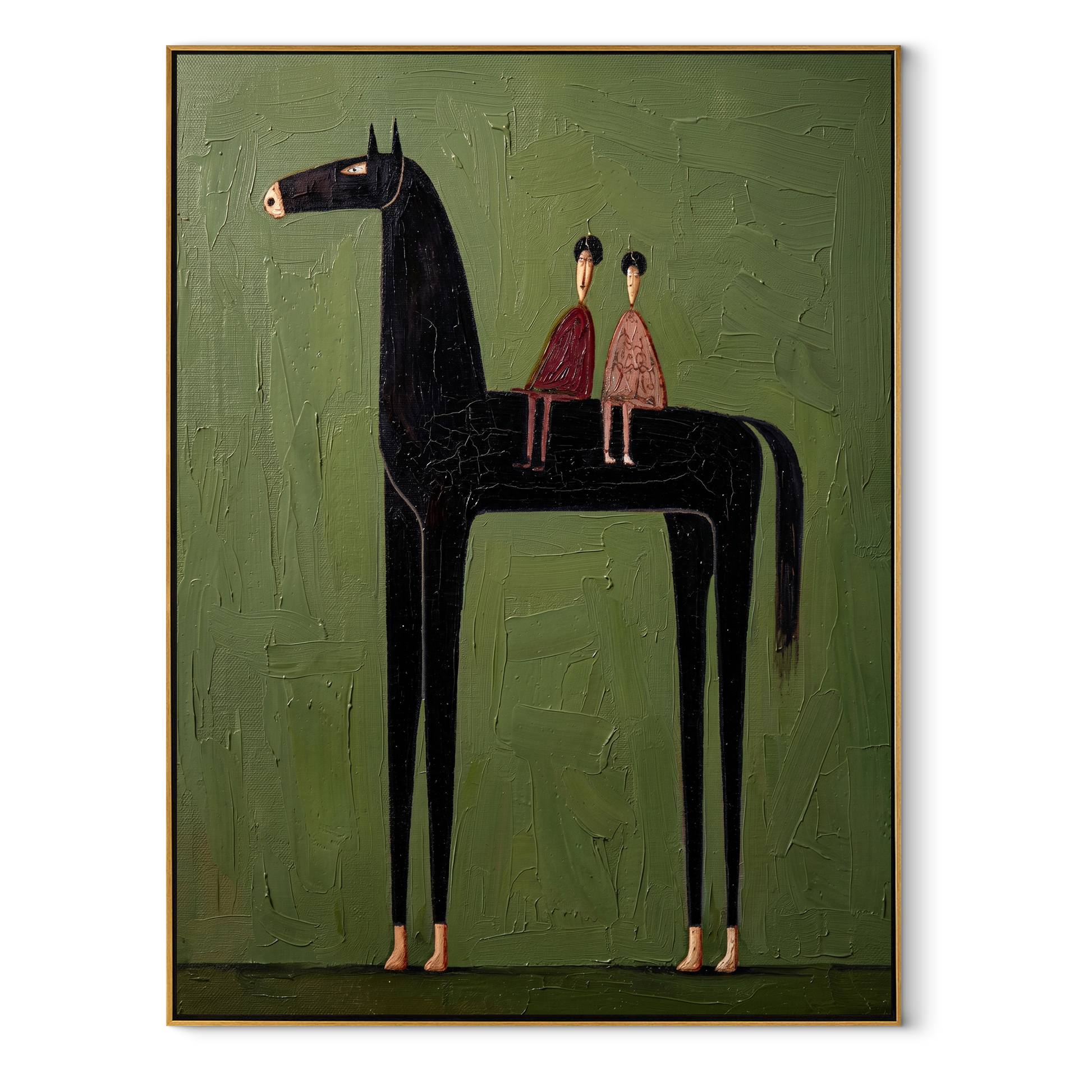 Two Riders Share Silence - black horse and pair painting by Isabelle Laurent, modern Western vertical wall art – wood frame on white background