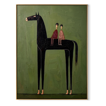 Two Riders Share Silence - black horse and pair painting by Isabelle Laurent, modern Western vertical wall art – wood frame on white background