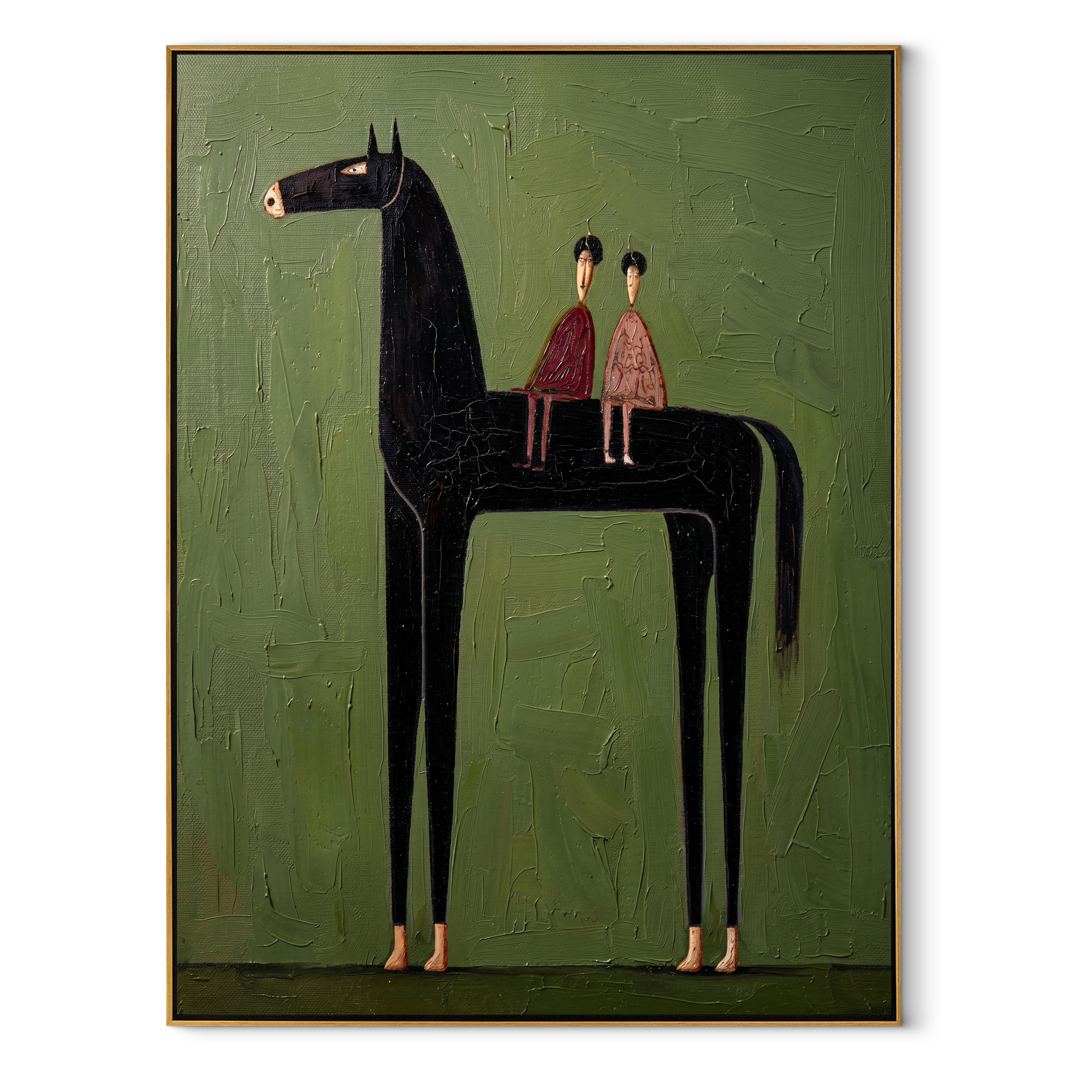 Two Riders Share Silence - black horse and pair painting by Isabelle Laurent, modern Western vertical wall art – wood frame on white background