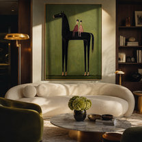 Two Riders Share Silence - black horse and pair painting by Isabelle Laurent, modern Western vertical wall art – styled room scene view 2