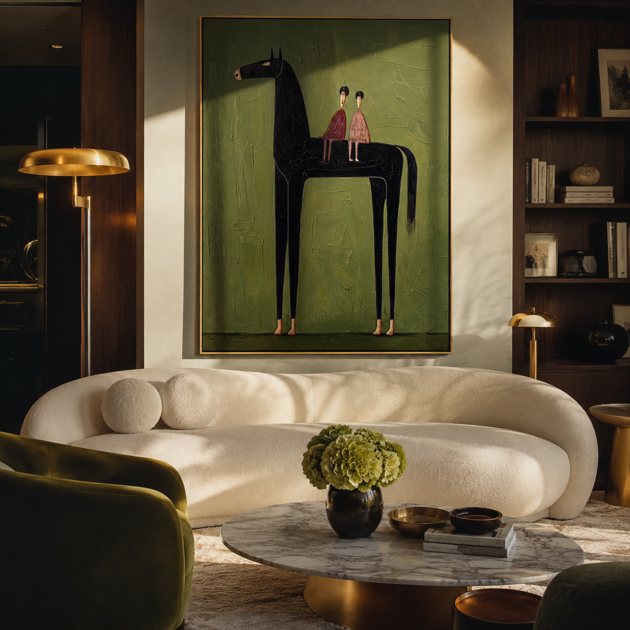 Two Riders Share Silence - black horse and pair painting by Isabelle Laurent, modern Western vertical wall art – styled room scene view 2