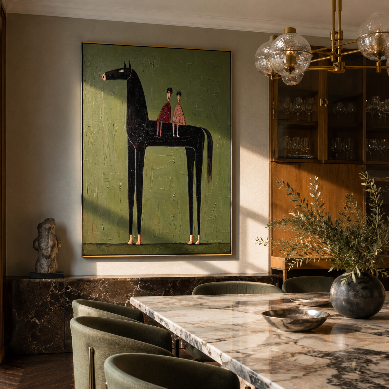 Two Riders Share Silence - black horse and pair painting by Isabelle Laurent, modern Western vertical wall art – styled room scene view 3