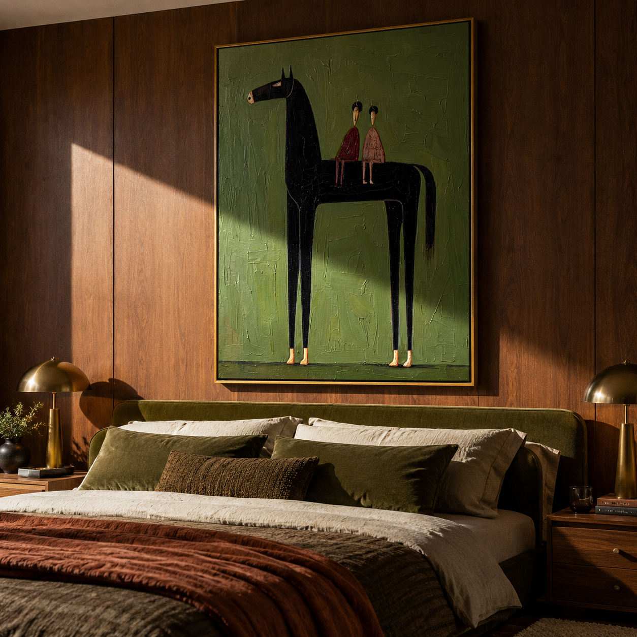 Two Riders Share Silence - black horse and pair painting by Isabelle Laurent, modern Western vertical wall art – styled room scene view 4