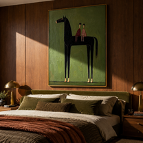 Two Riders Share Silence - black horse and pair painting by Isabelle Laurent, modern Western vertical wall art – styled room scene view 4
