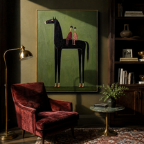 Two Riders Share Silence - black horse and pair painting by Isabelle Laurent, modern Western vertical wall art – styled room scene view 5