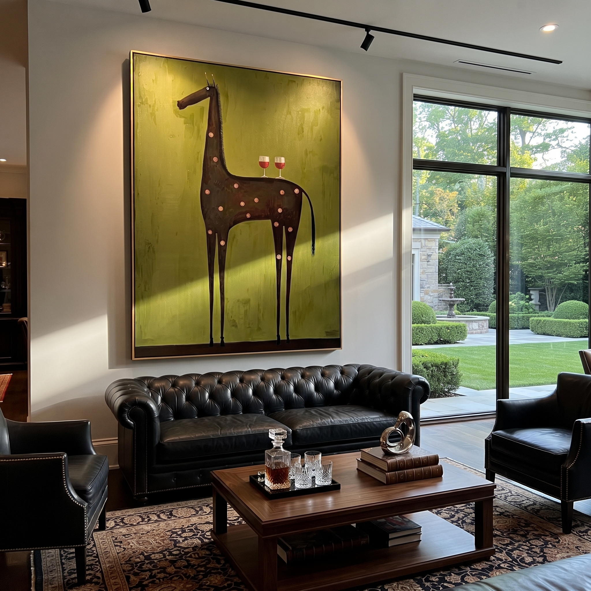 Still Hooves Hold the Horizon - modern horse portrait by Isabelle Laurent, modern Western vertical wall art – styled room scene view 1