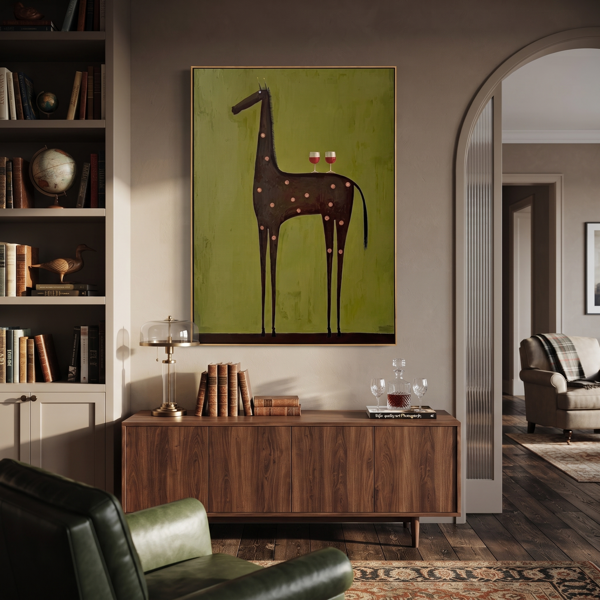 Still Hooves Hold the Horizon - modern horse portrait by Isabelle Laurent, modern Western vertical wall art – styled room scene view 2