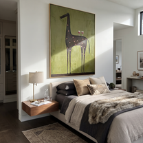 Still Hooves Hold the Horizon - modern horse portrait by Isabelle Laurent, modern Western vertical wall art – styled room scene view 3