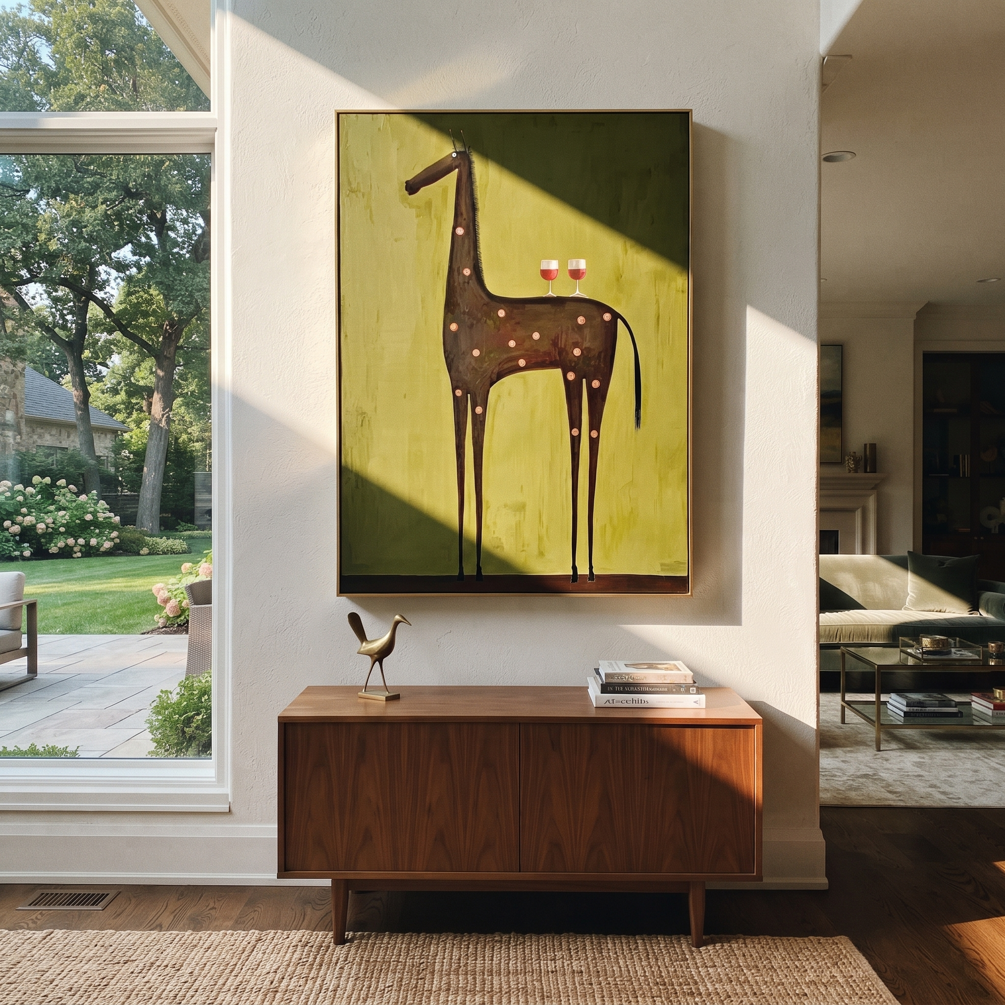 Still Hooves Hold the Horizon - modern horse portrait by Isabelle Laurent, modern Western vertical wall art – styled room scene view 4