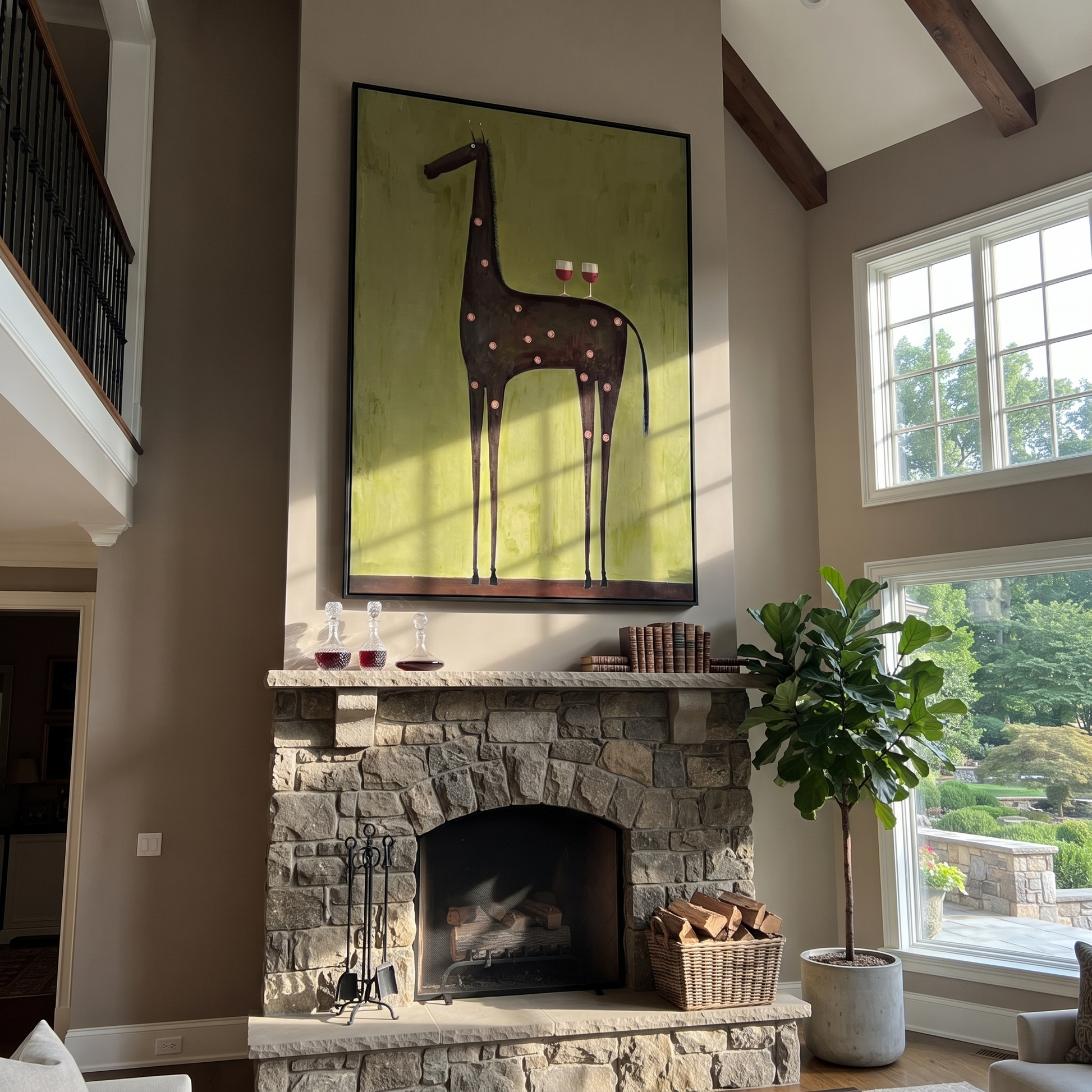 Still Hooves Hold the Horizon - modern horse portrait by Isabelle Laurent, modern Western vertical wall art – styled room scene view 5