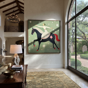 Midnight Rider Hold the Horizon - horse and rider painting by Isabelle Laurent, modern Western square wall art – styled room scene view 1