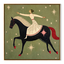 Midnight Rider Hold the Horizon - horse and rider painting by Isabelle Laurent, modern Western square wall art – wood frame on white background