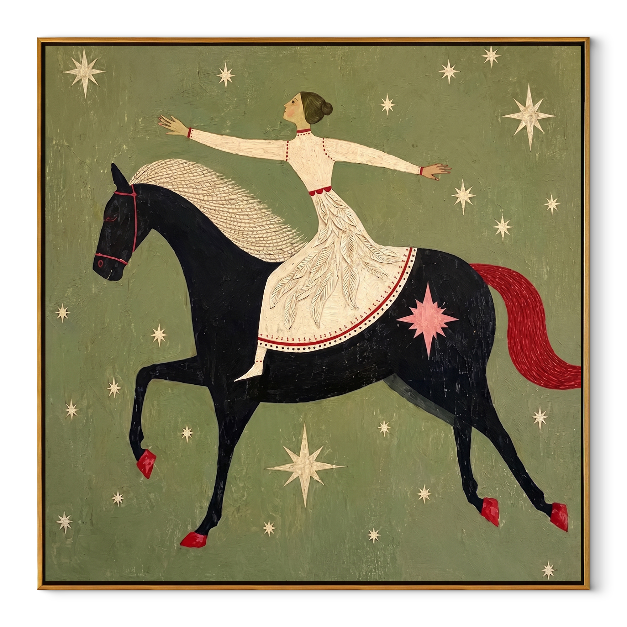 Midnight Rider Hold the Horizon - horse and rider painting by Isabelle Laurent, modern Western square wall art – wood frame on white background