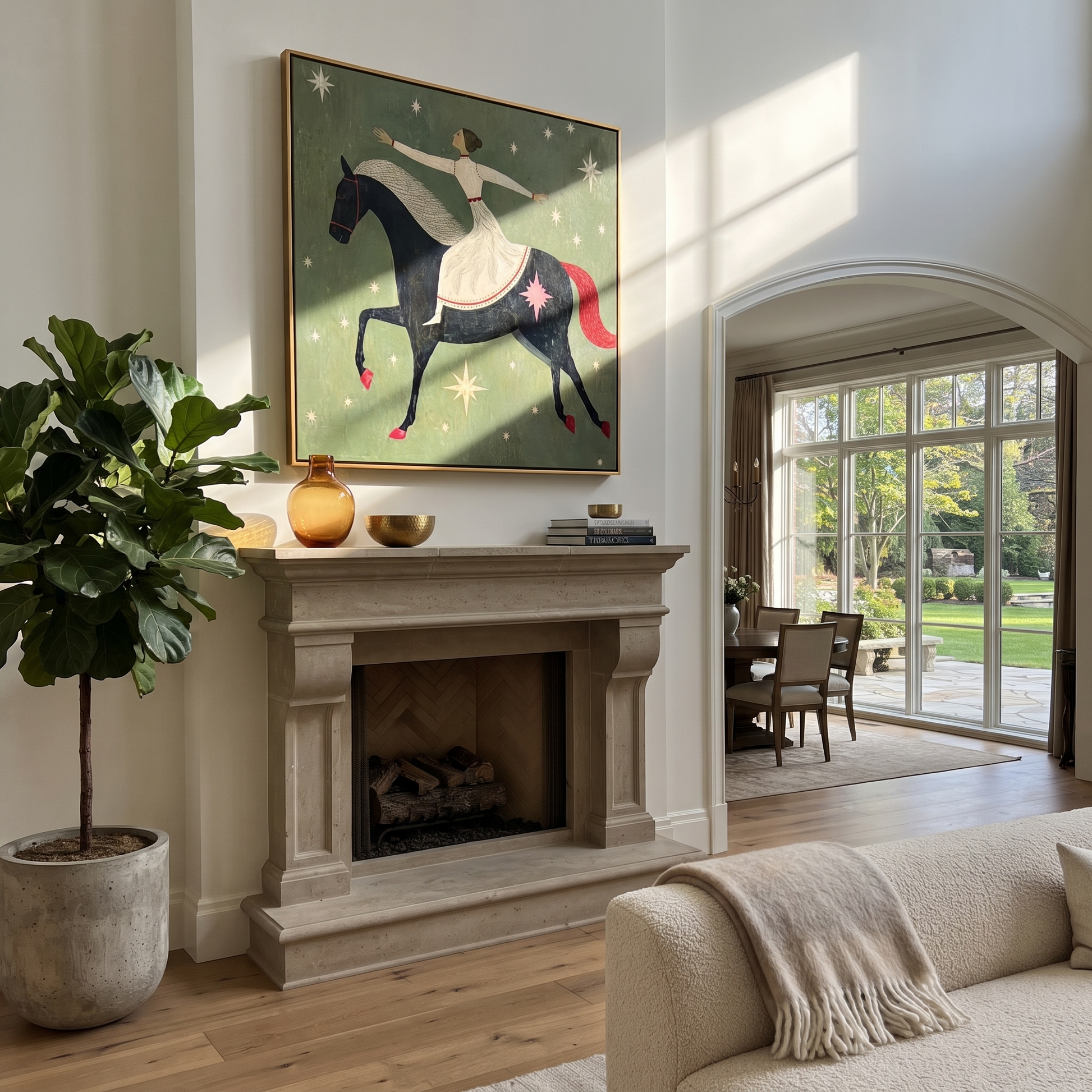 Midnight Rider Hold the Horizon - horse and rider painting by Isabelle Laurent, modern Western square wall art – styled room scene view 2