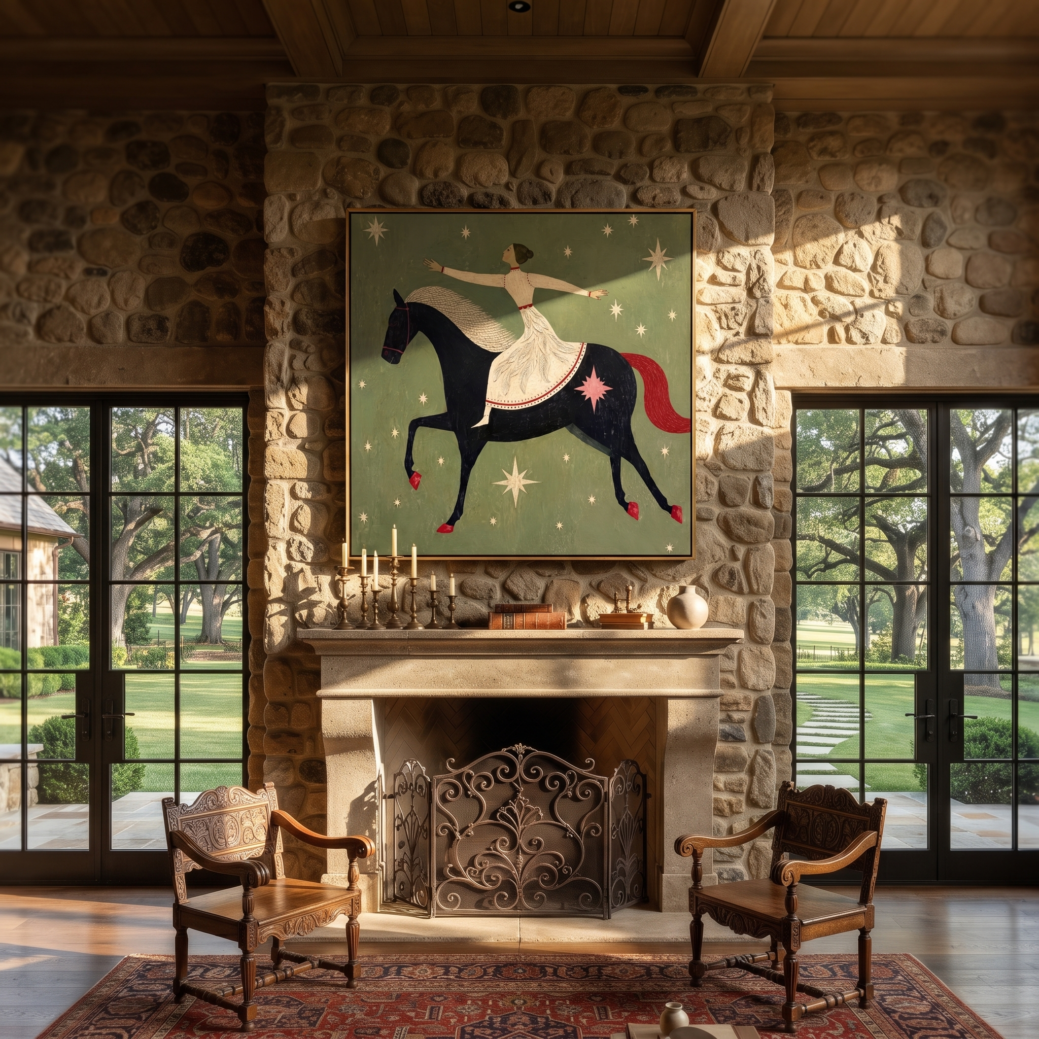 Midnight Rider Hold the Horizon - horse and rider painting by Isabelle Laurent, modern Western square wall art – styled room scene view 3