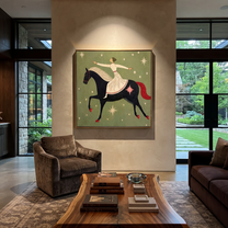 Midnight Rider Hold the Horizon - horse and rider painting by Isabelle Laurent, modern Western square wall art – styled room scene view 4