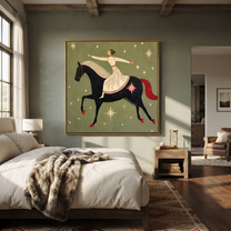 Midnight Rider Hold the Horizon - horse and rider painting by Isabelle Laurent, modern Western square wall art – styled room scene view 5