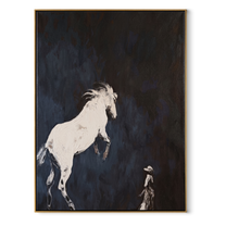 Quiet Reins Hold the Horizon - figure and horse painting by Isabelle Laurent, modern Western vertical wall art – wood frame on white background