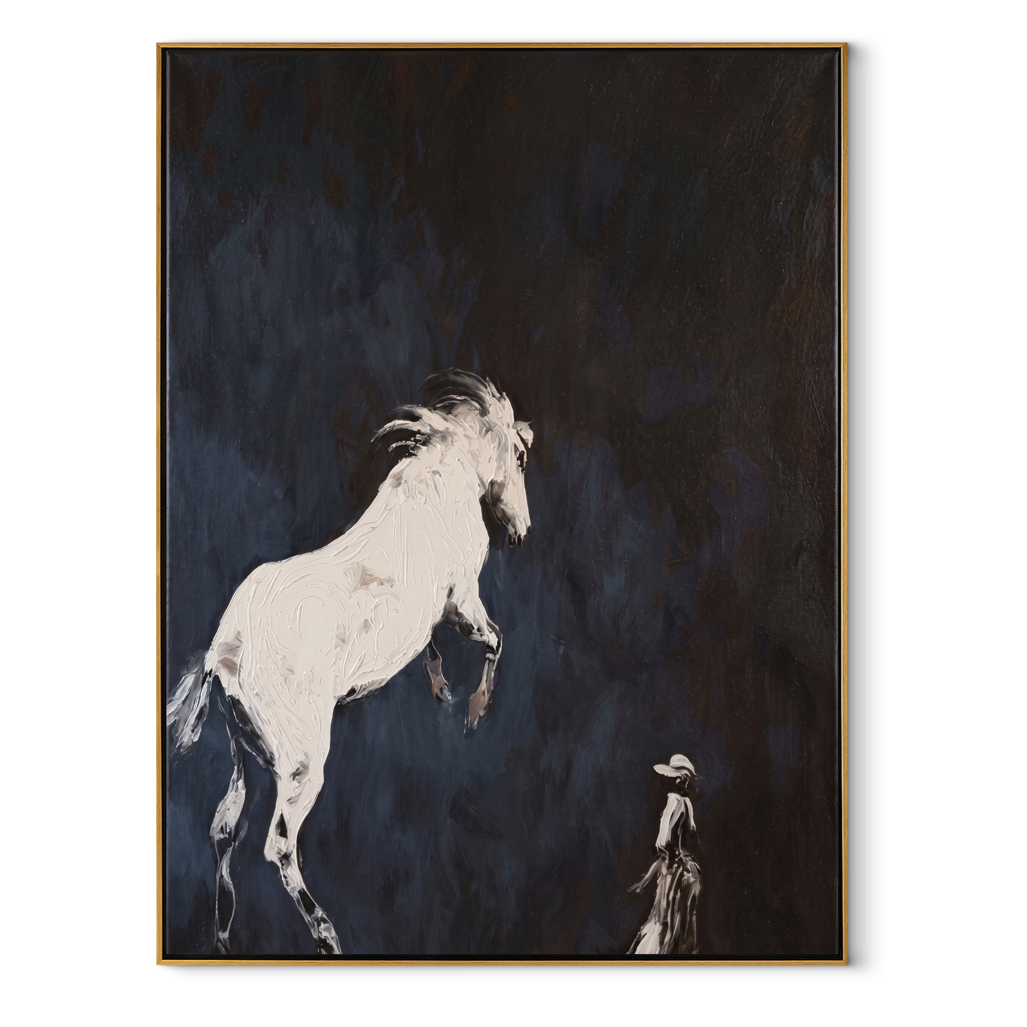 Quiet Reins Hold the Horizon - figure and horse painting by Isabelle Laurent, modern Western vertical wall art – wood frame on white background