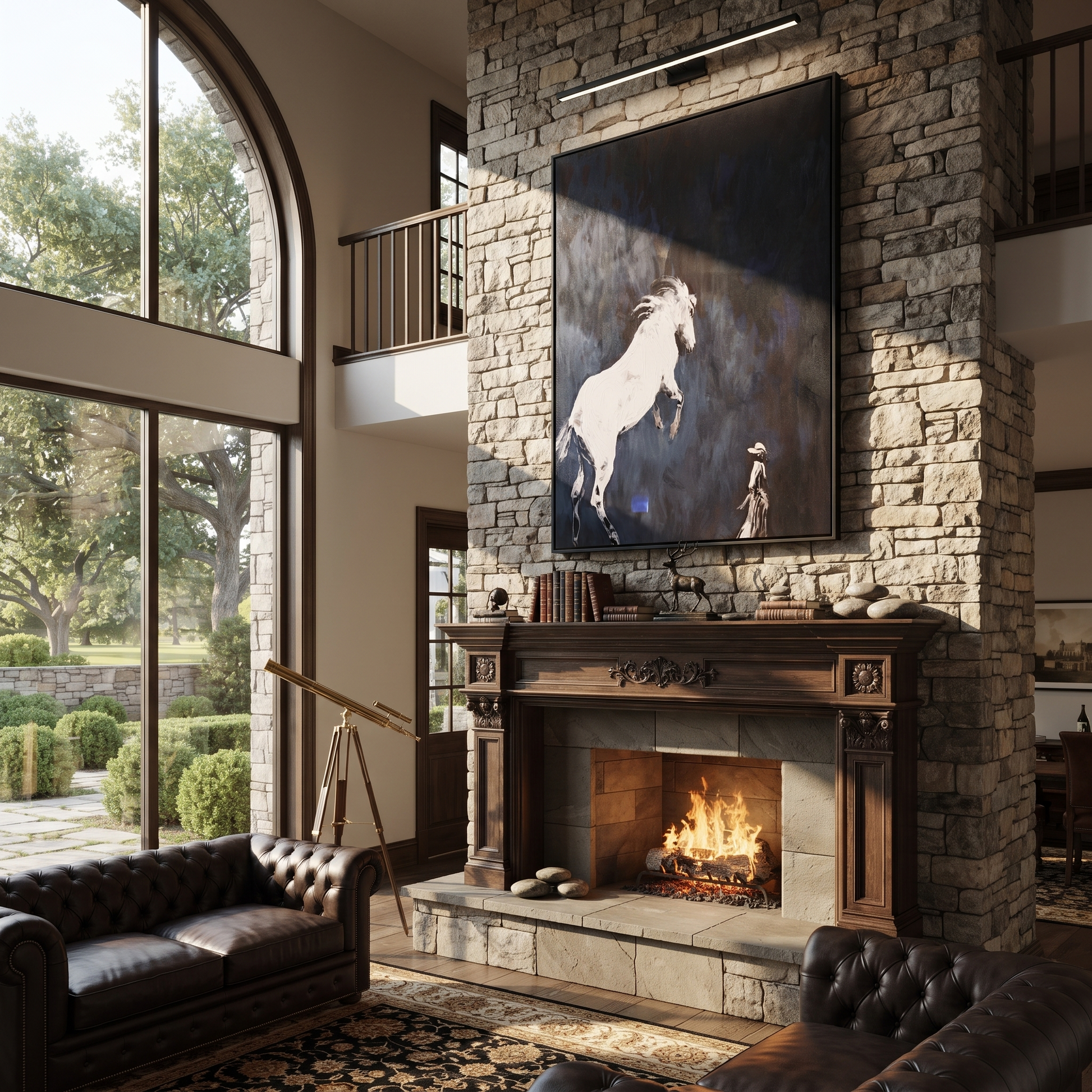 Quiet Reins Hold the Horizon - figure and horse painting by Isabelle Laurent, modern Western vertical wall art – styled room scene view 2