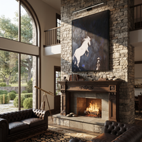 Quiet Reins Hold the Horizon - figure and horse painting by Isabelle Laurent, modern Western vertical wall art – styled room scene view 2
