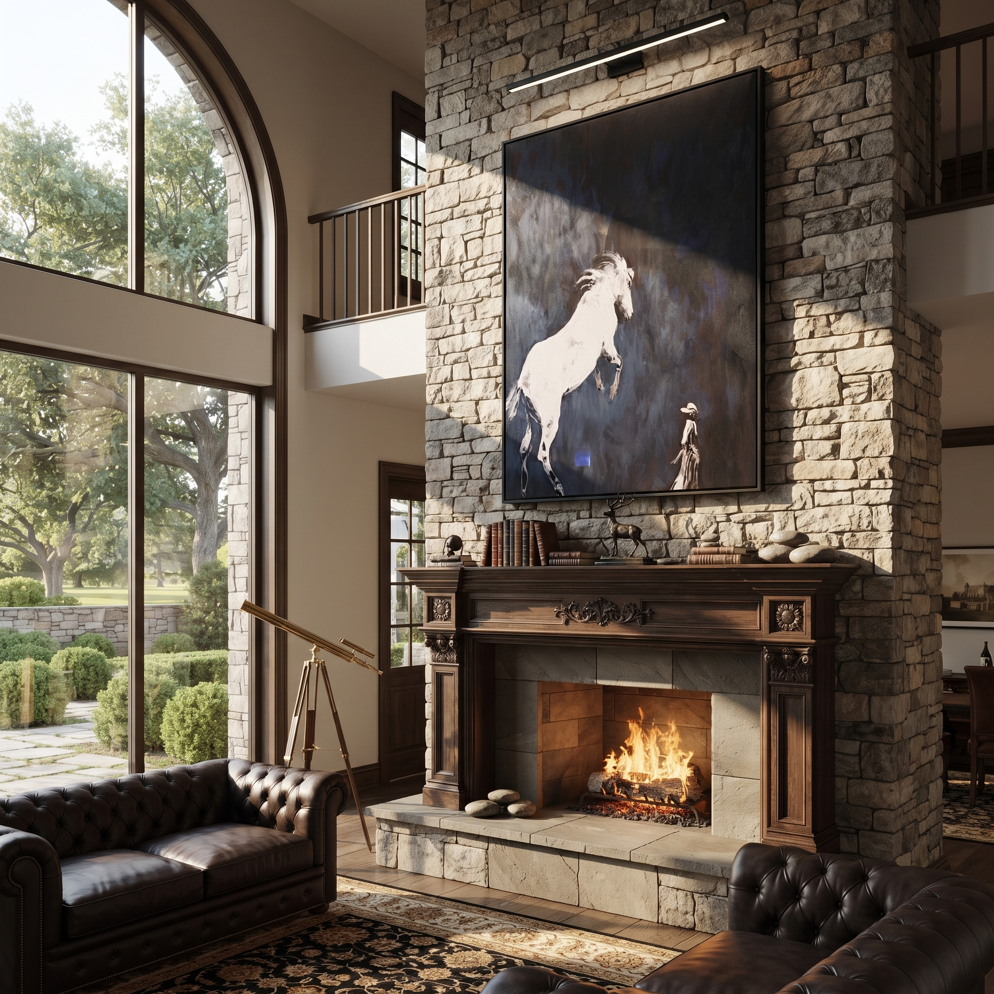 Quiet Reins Hold the Horizon - figure and horse painting by Isabelle Laurent, modern Western vertical wall art – styled room scene view 2