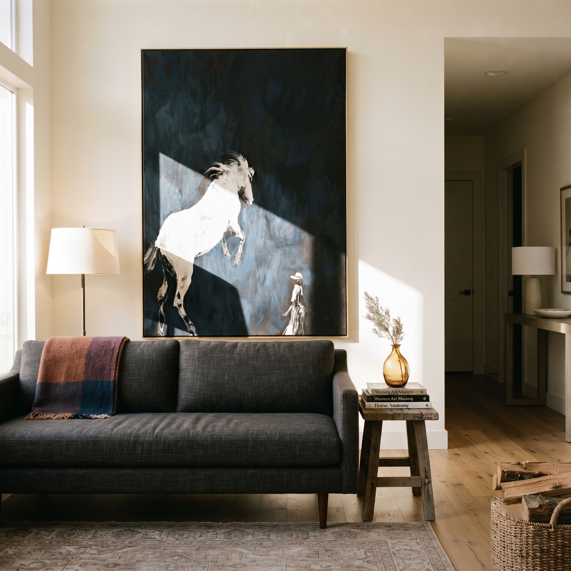 Quiet Reins Hold the Horizon - figure and horse painting by Isabelle Laurent, modern Western vertical wall art – styled room scene view 3