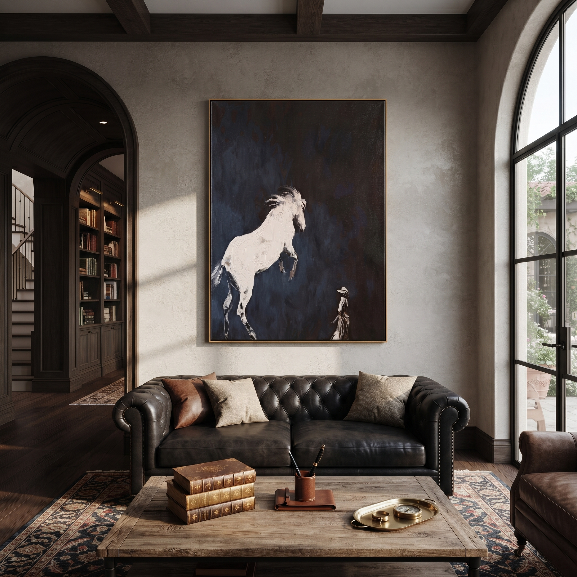 Quiet Reins Hold the Horizon - figure and horse painting by Isabelle Laurent, modern Western vertical wall art – styled room scene view 4