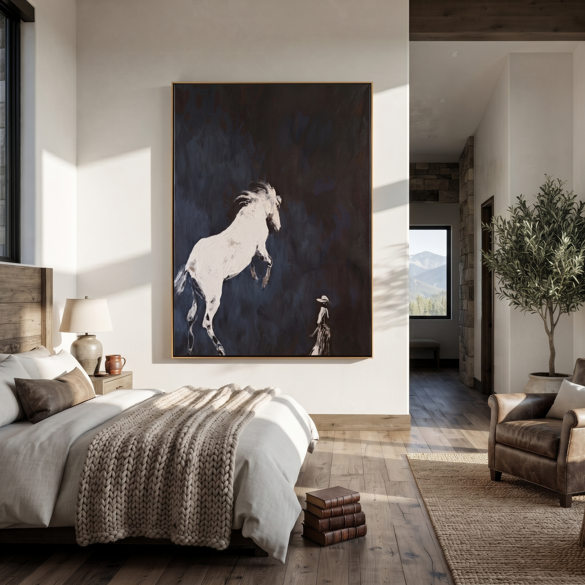 Quiet Reins Hold the Horizon - figure and horse painting by Isabelle Laurent, modern Western vertical wall art – styled room scene view 5