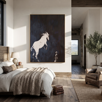 Quiet Reins Hold the Horizon - figure and horse painting by Isabelle Laurent, modern Western vertical wall art – styled room scene view 5