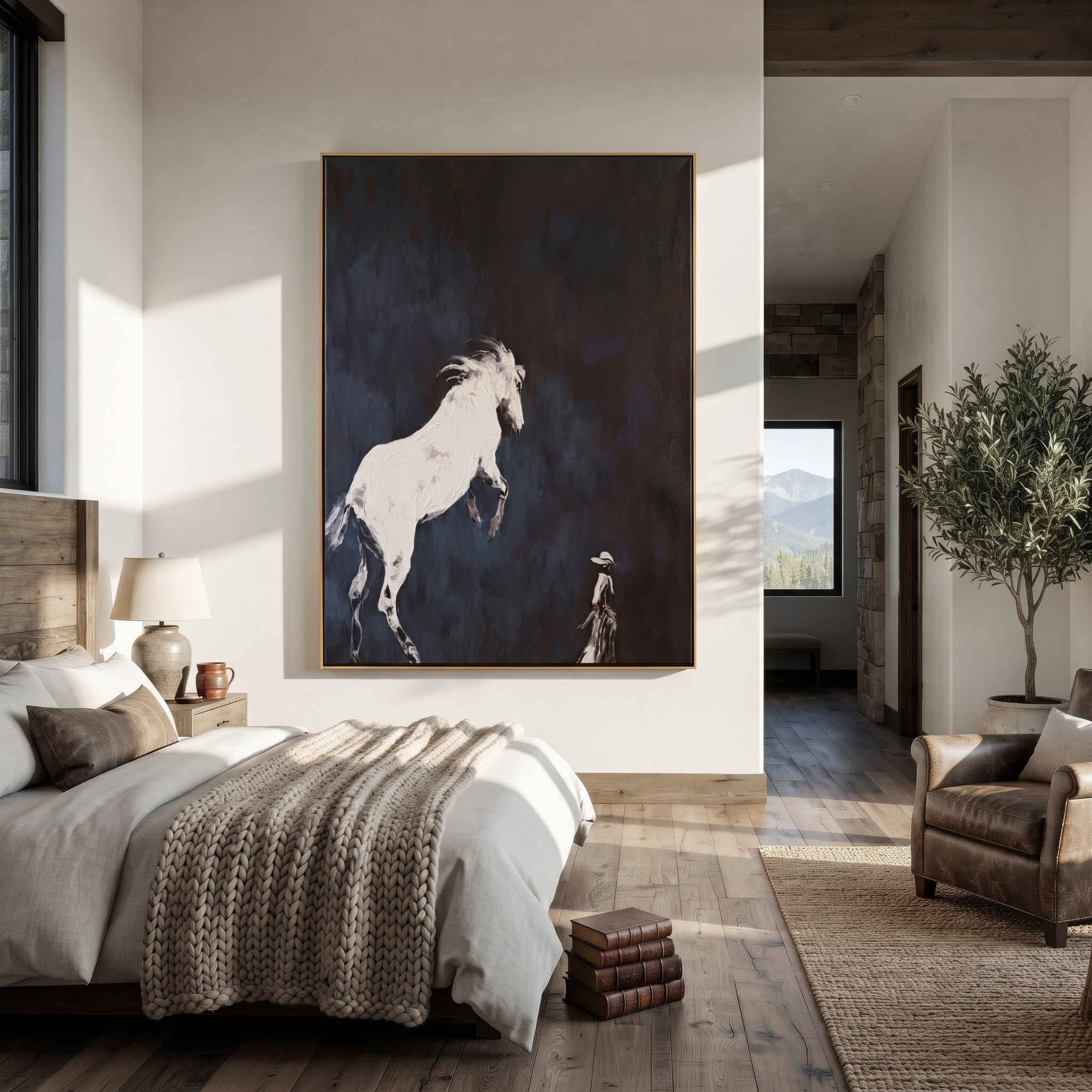 Quiet Reins Hold the Horizon - figure and horse painting by Isabelle Laurent, modern Western vertical wall art – styled room scene view 5