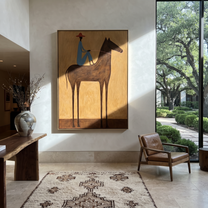 Painted Saddle Hold the Horizon - horse and rider painting by Isabelle Laurent, modern Western vertical wall art – styled room scene view 1