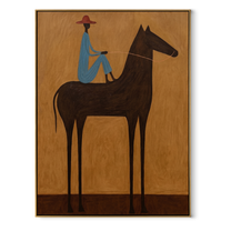 Painted Saddle Hold the Horizon - horse and rider painting by Isabelle Laurent, modern Western vertical wall art – wood frame on white background