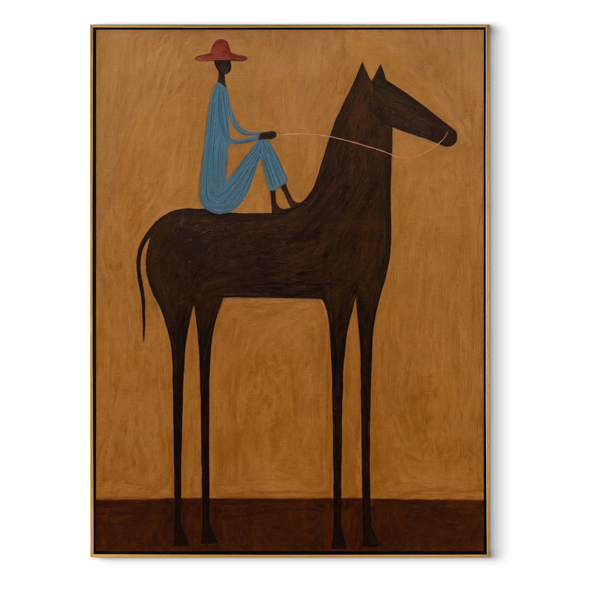 Painted Saddle Hold the Horizon - horse and rider painting by Isabelle Laurent, modern Western vertical wall art – wood frame on white background