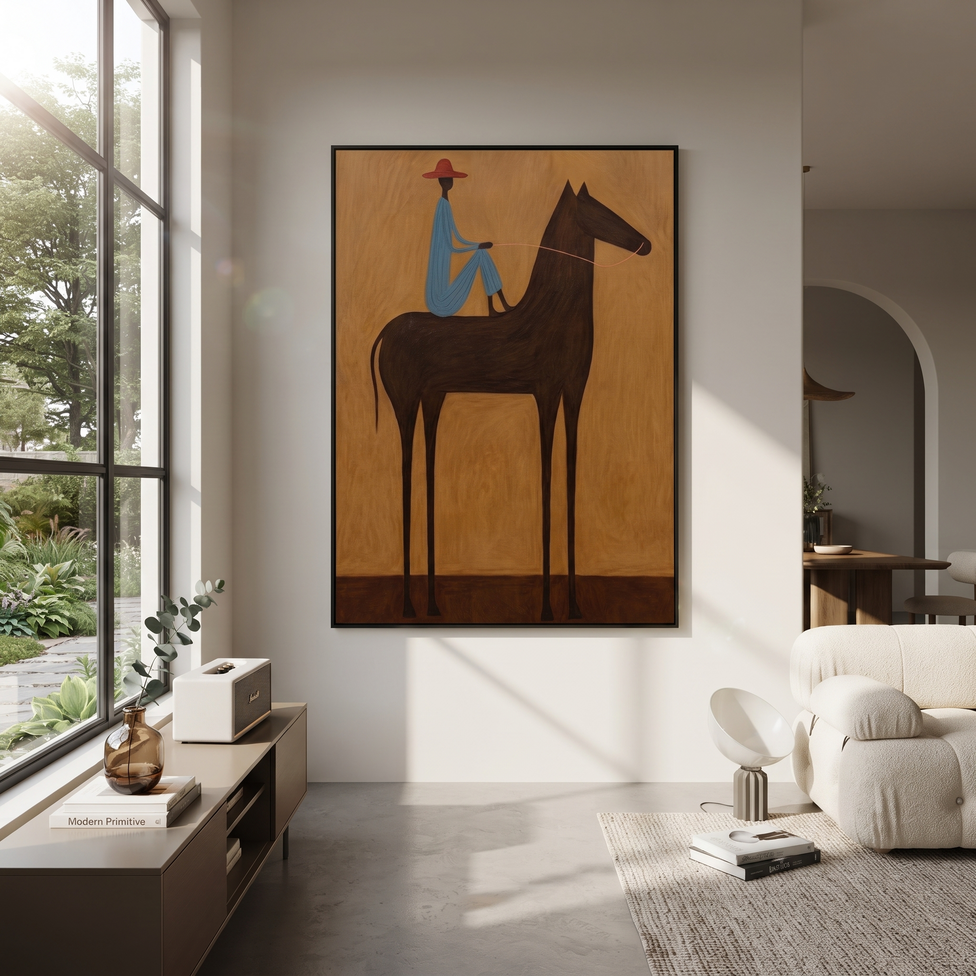 Painted Saddle Hold the Horizon - horse and rider painting by Isabelle Laurent, modern Western vertical wall art – styled room scene view 2