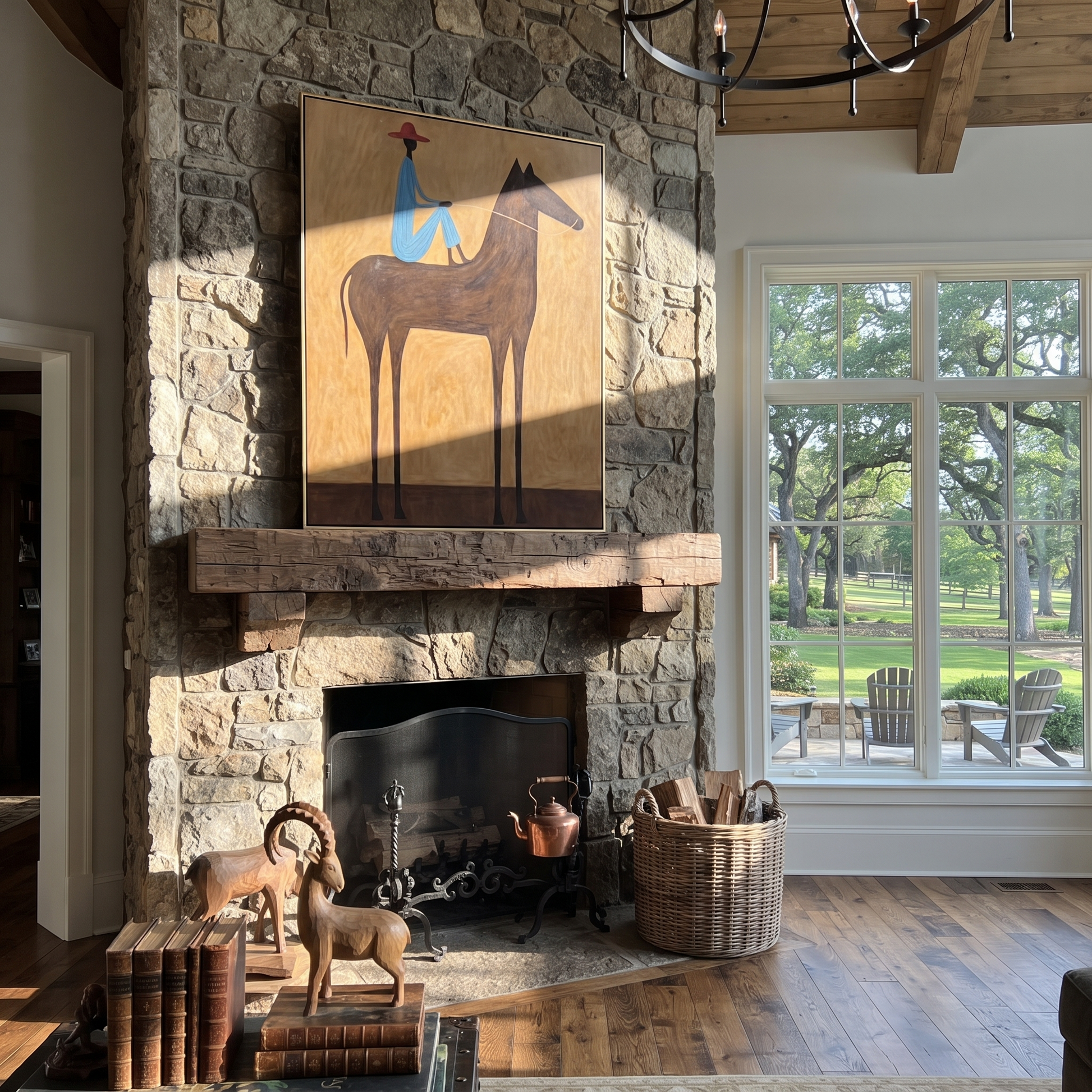 Painted Saddle Hold the Horizon - horse and rider painting by Isabelle Laurent, modern Western vertical wall art – styled room scene view 3